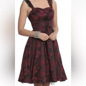 Elegant Black and Red Floral Brocade Gothic Dress 14